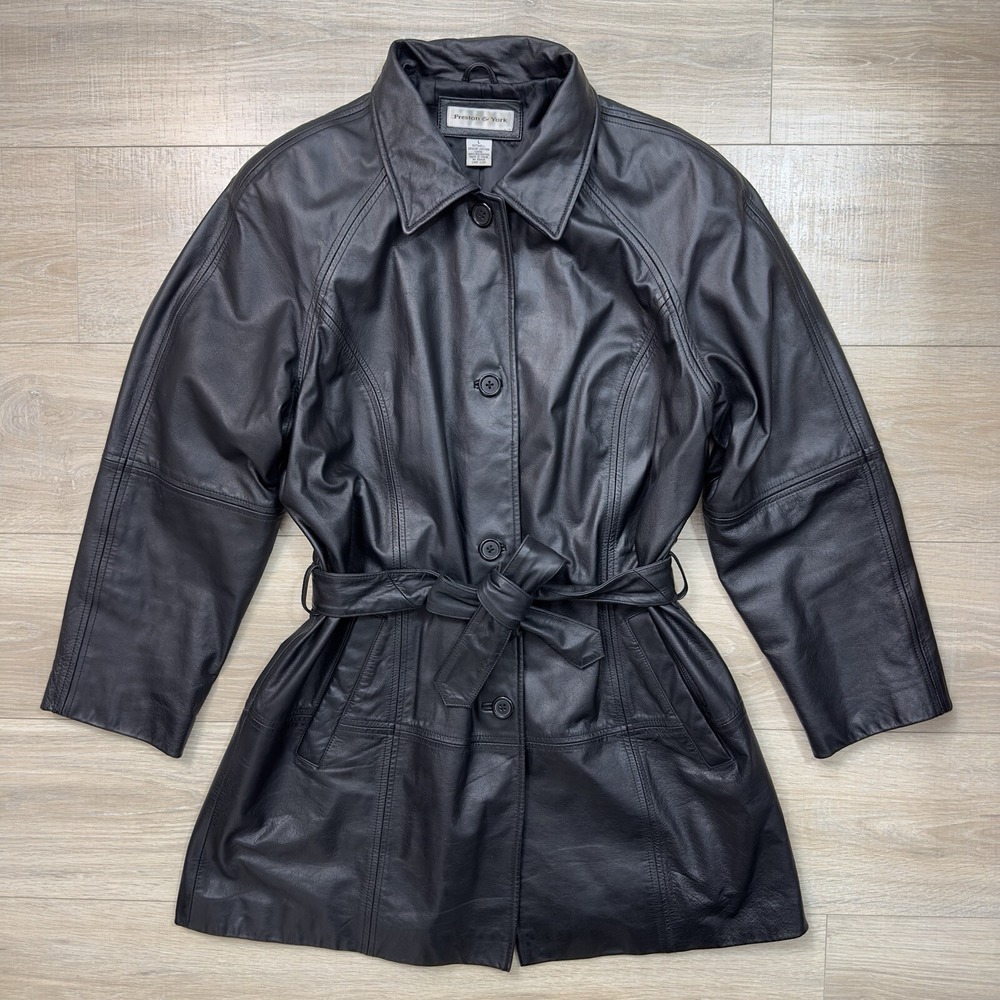 Preston & York Black Genuine Leather Belted Button Up Belt Tie Coat Mid Length L